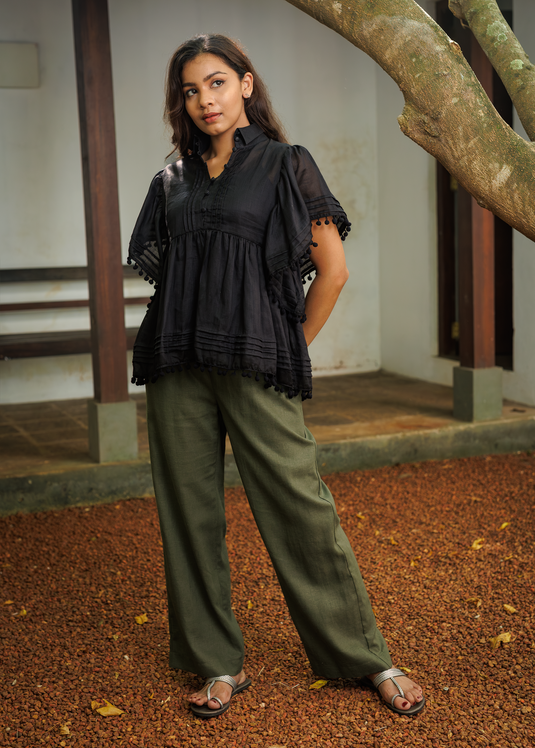 High Neck Button down Ramie Blouse With Pom Pom & Pintuck Detail