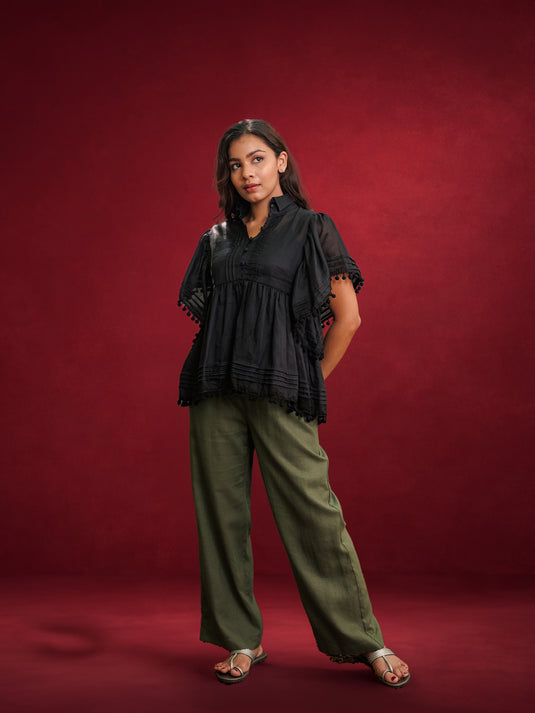 High Neck Button down Ramie Blouse With Pom Pom & Pintuck Detail