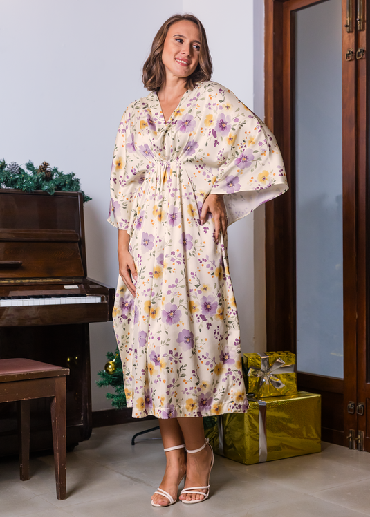 Printed V neck kaftan dress with front & back pleats