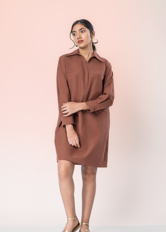 Long Sleeve Dress With Shot Placket And Large Front Pockets