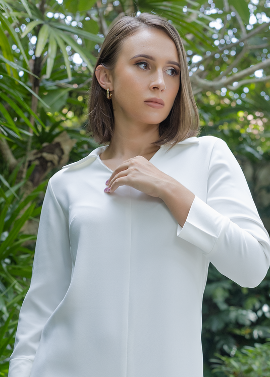 Long sleeve V neck midi dress with collar
