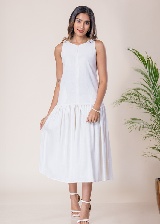 Sleeveless Round Neck Midi Dress With Front Invisible Zipper