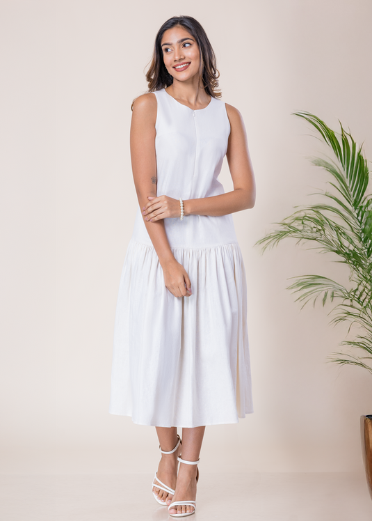 Sleeveless Round Neck Midi Dress With Front Invisible Zipper