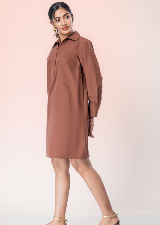 Long Sleeve Dress With Shot Placket And Large Front Pockets