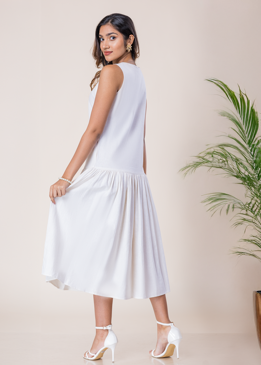 Sleeveless Round Neck Midi Dress With Front Invisible Zipper