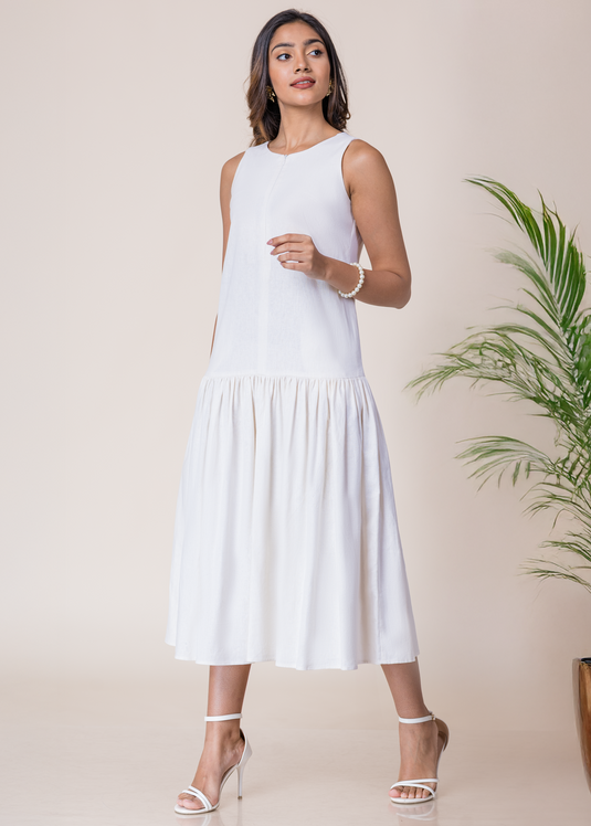 Sleeveless Round Neck Midi Dress With Front Invisible Zipper