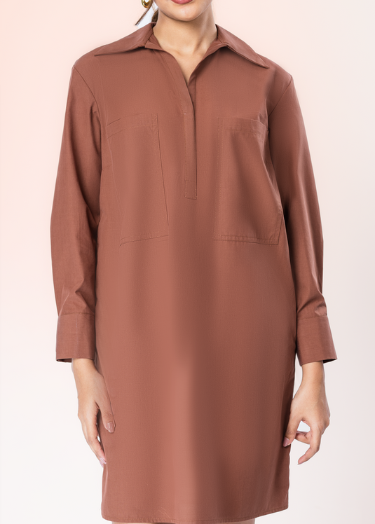 Long Sleeve Dress With Shot Placket And Large Front Pockets
