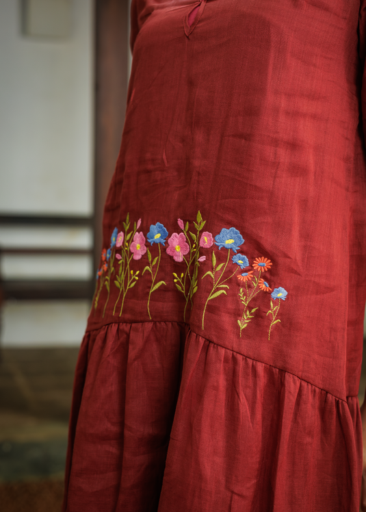 Drop Waist Ramie Dress With Embroidery
