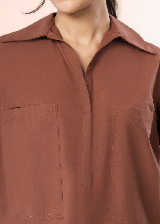 Long Sleeve Dress With Shot Placket And Large Front Pockets