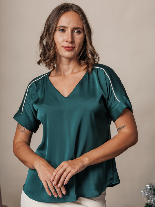 V neck satin blouse with contrast piping detail