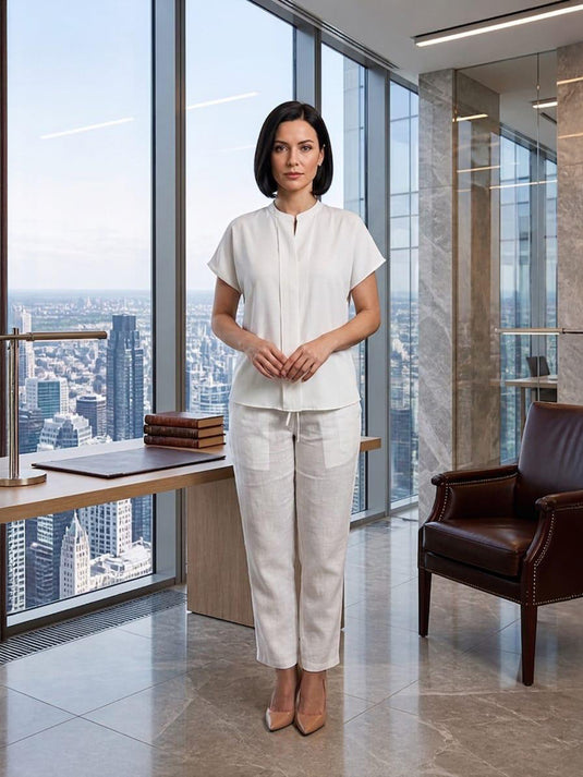 Mandarin collar blouse with pleat