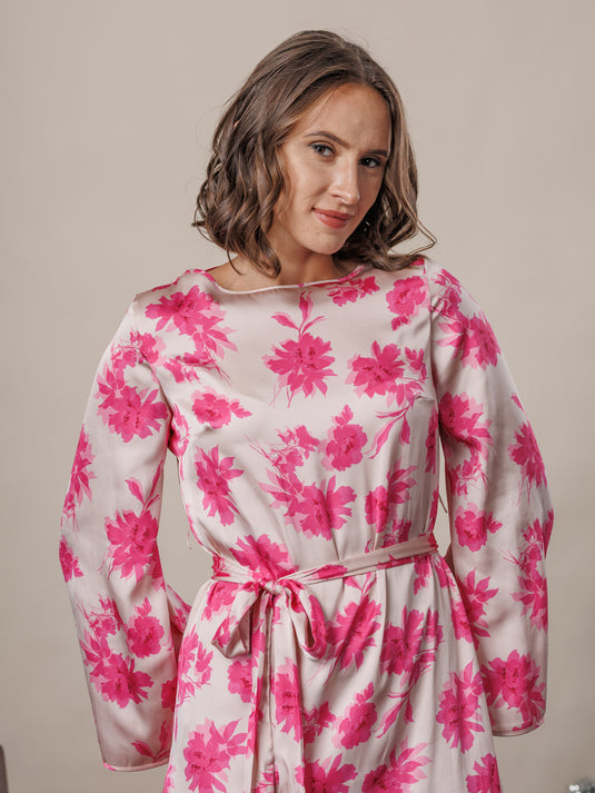 Printed maxi dress with self fabric tie