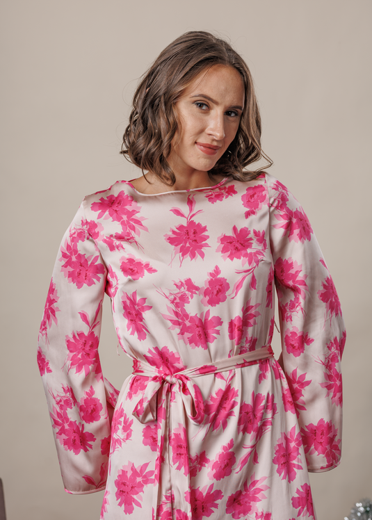 Printed maxi dress with self fabric tie