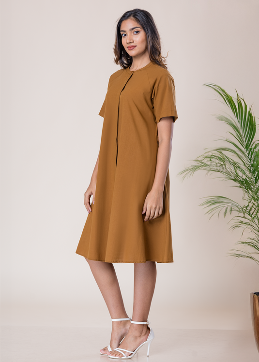 Short Sleeve Button Down Dress With Mandarin Collar