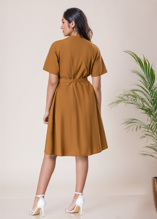 Short Sleeve Button Down Dress With Mandarin Collar