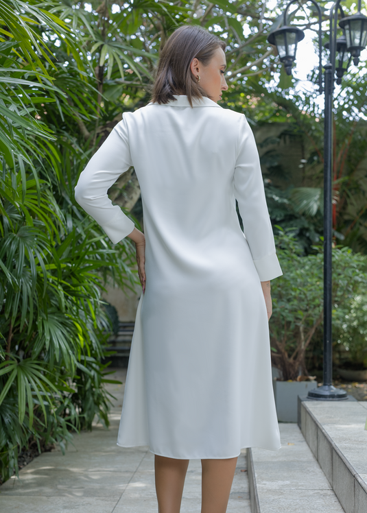 Long sleeve V neck midi dress with collar