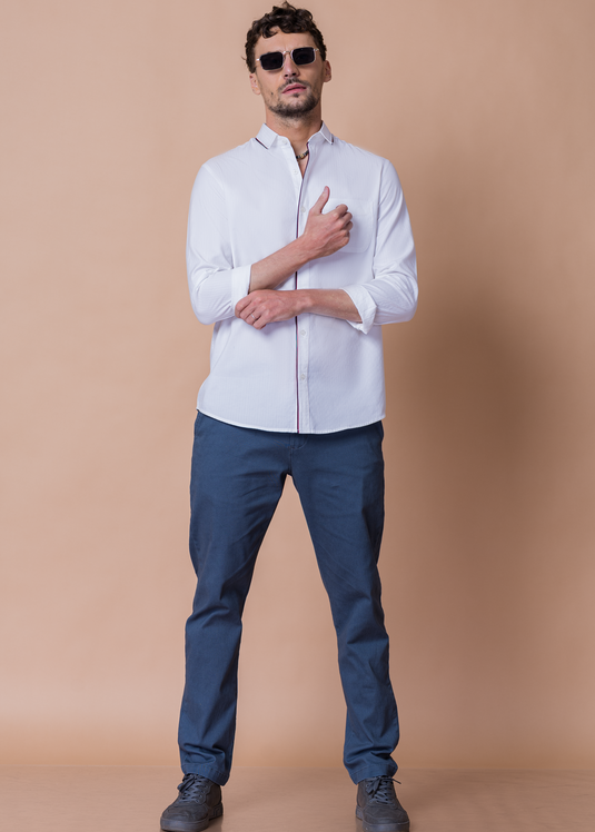Men’s Slim Fit White Detailed Stripe Long Sleeve Shirt