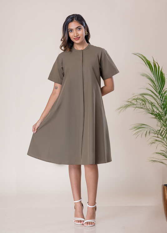 Short Sleeve Button Down Dress With Mandarin Collar