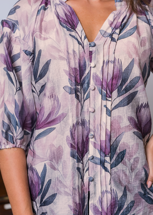 Printed Button Down Blouse With Frills And Pintucks