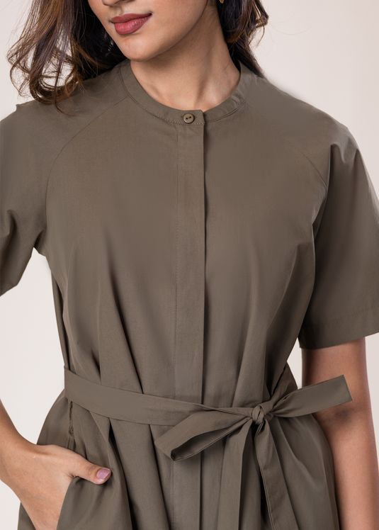 Short Sleeve Button Down Dress With Mandarin Collar