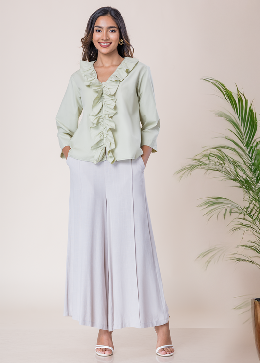 V Neck Button Down Top With Frill