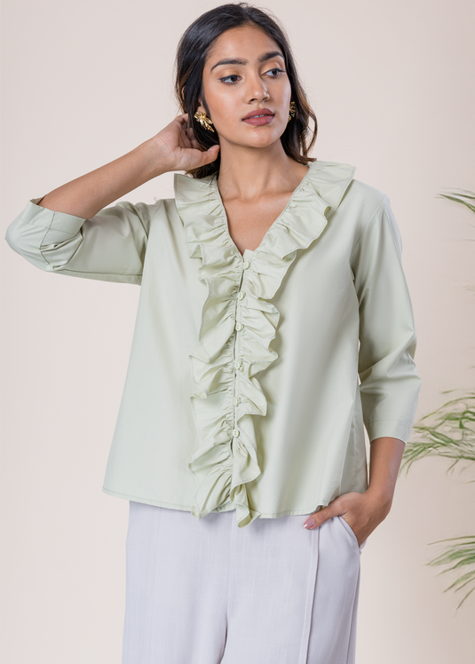 V Neck Button Down Top With Frill