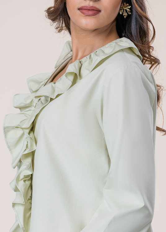 V Neck Button Down Top With Frill