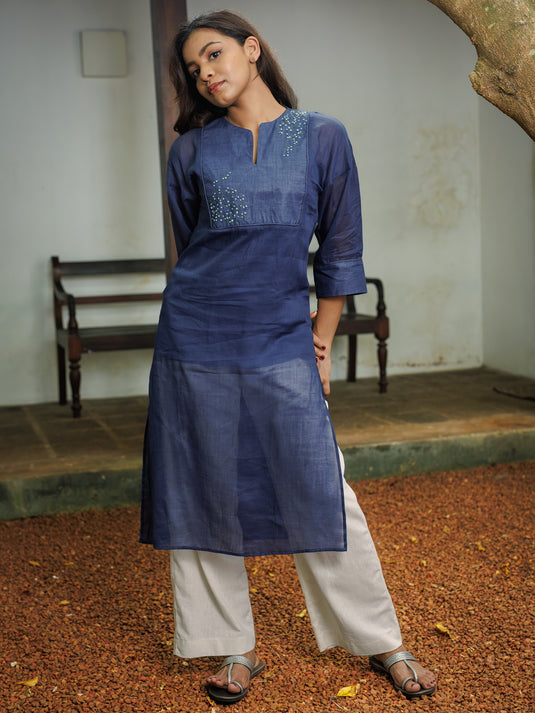 Long Ramie Kurtha With Hand Embroidery