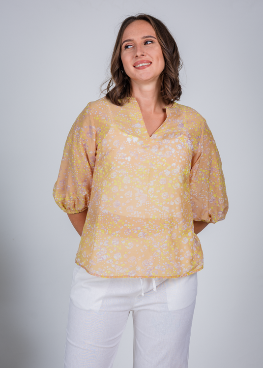 Balloon Sleeve V- Neck  Top