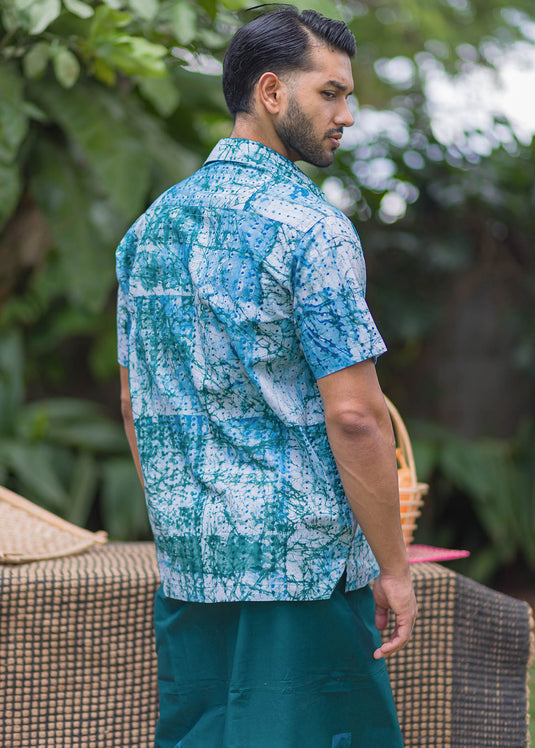 Batik White Shirt With Blue Dots and Patches