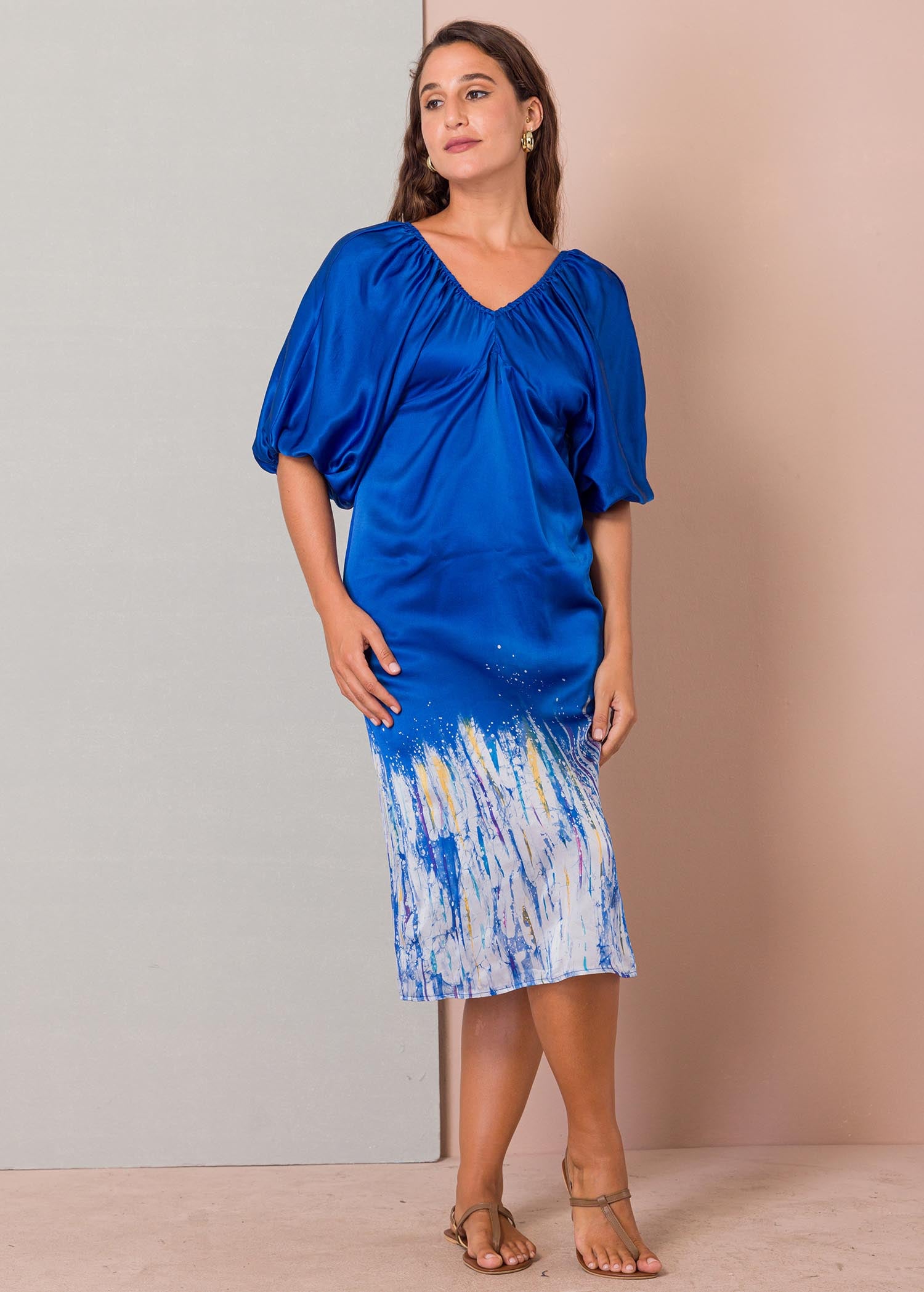 Batik puff raglan sleeve detailed dress