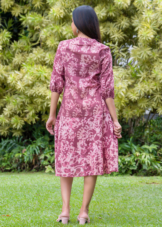 Batik leaves printed batik puff sleeved dress