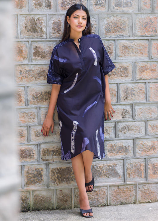 Brush stroke batik dress detailed with a cuff