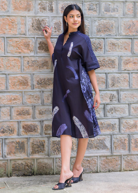 Brush stroke batik dress detailed with a cuff