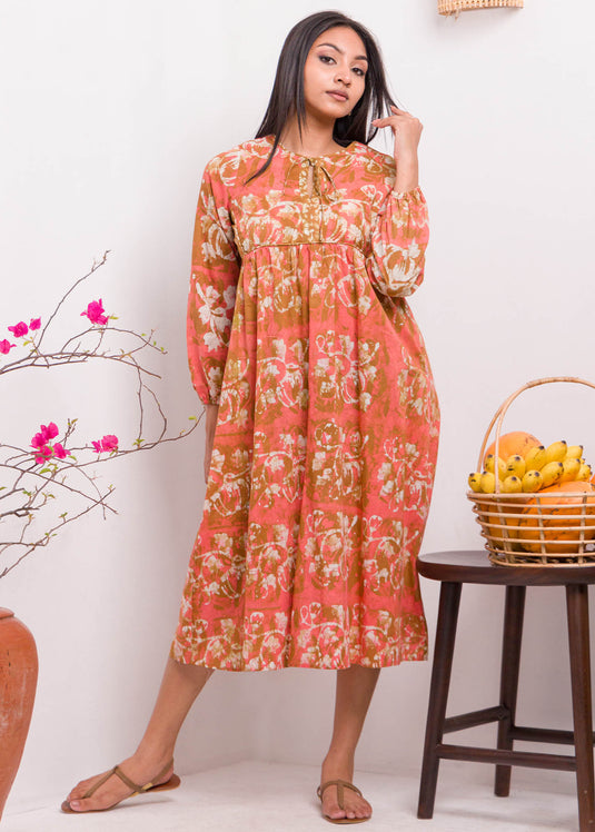 Long Sleeved Neck Tie Up Batik Maxi Dress