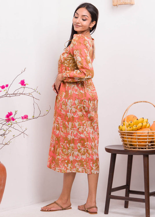 Long Sleeved Neck Tie Up Batik Maxi Dress