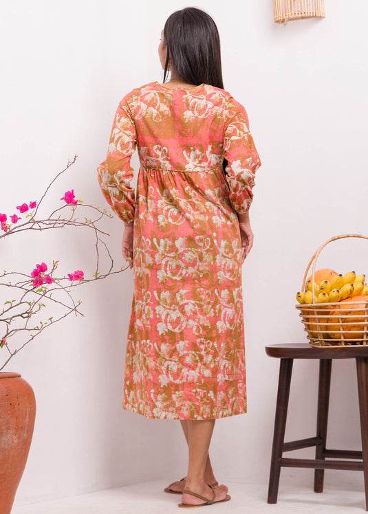 Long Sleeved Neck Tie Up Batik Maxi Dress