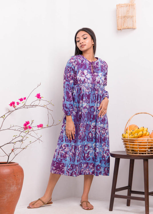 Long Sleeved Neck Tie Up Batik Maxi Dress