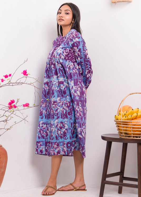 Long Sleeved Neck Tie Up Batik Maxi Dress