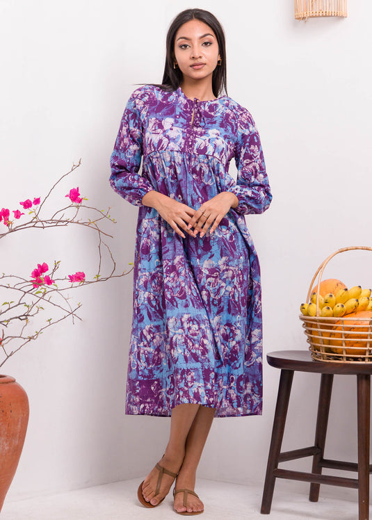 Long Sleeved Neck Tie Up Batik Maxi Dress