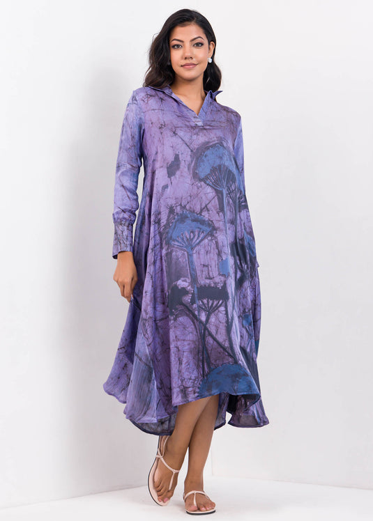 Bishop Sleeved Flared Mid - Calf Batik Dress