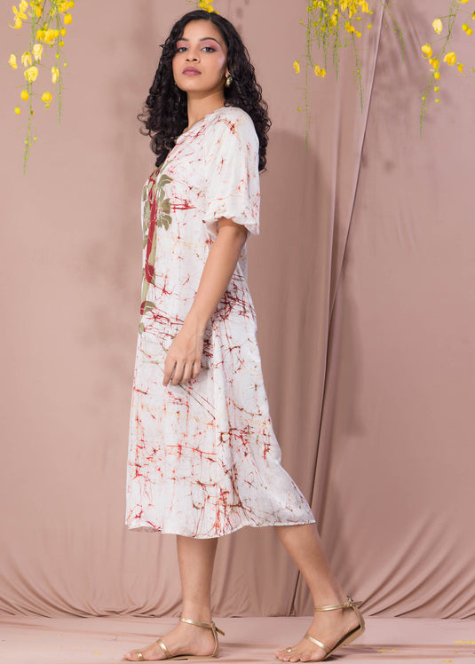 Batik Floral Chinese Neck Detailed Midi Dress