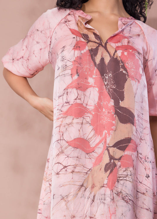 Batik Floral Chinese Neck Detailed Midi Dress