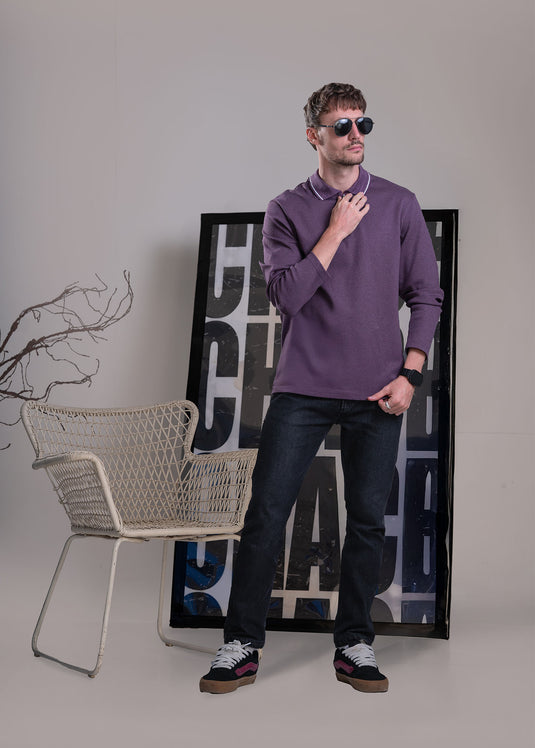Zip Neck Polo Collar Long Sleeve Shirt