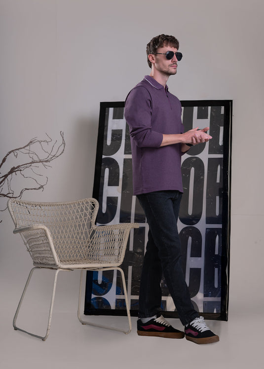 Zip Neck Polo Collar Long Sleeve Shirt