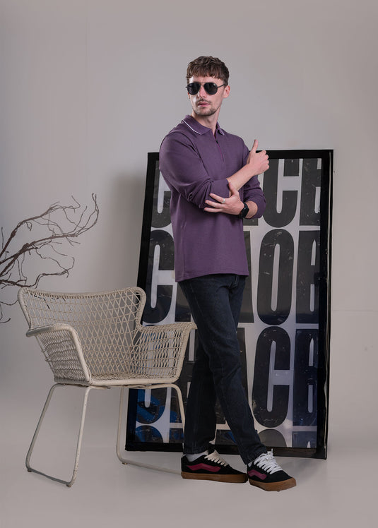 Zip Neck Polo Collar Long Sleeve Shirt
