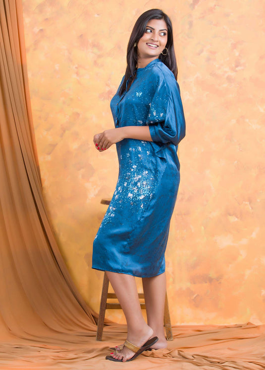 Floral detailed chineese collard short kaftan dress