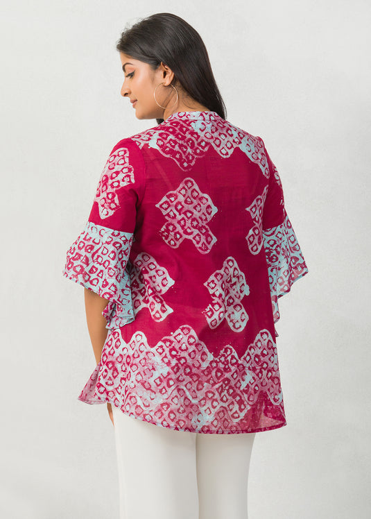 Batik printed flounce sleeves detailed chineese collaed  top