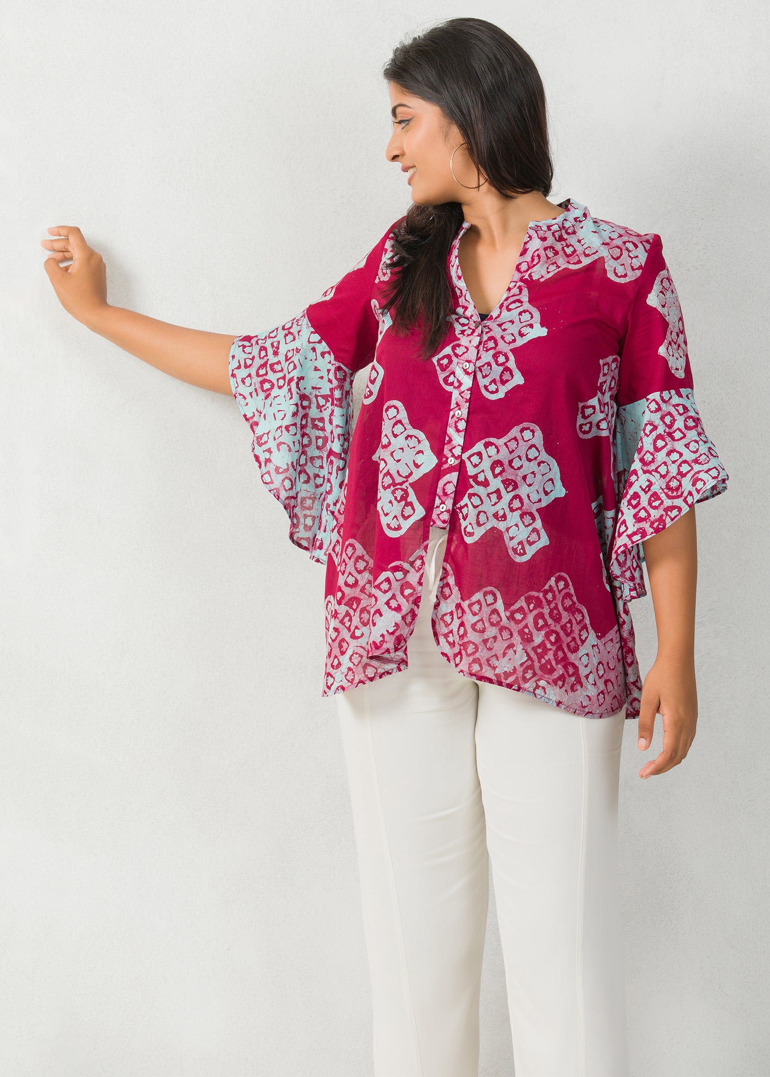 Batik printed flounce sleeves detailed chineese collaed  top