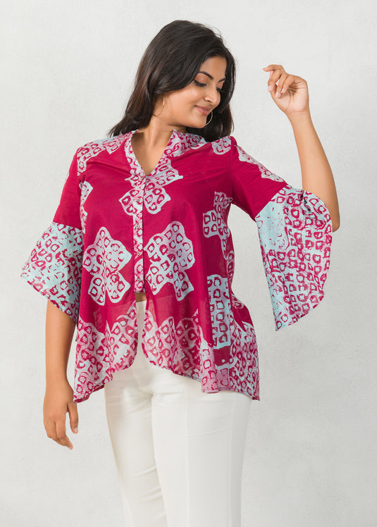 Batik printed flounce sleeves detailed chineese collaed  top